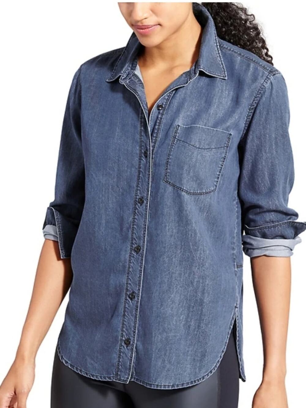 Athleta Bootjack Chambray Shirt Indigo Blue Button Down Back Slit Hem Size S